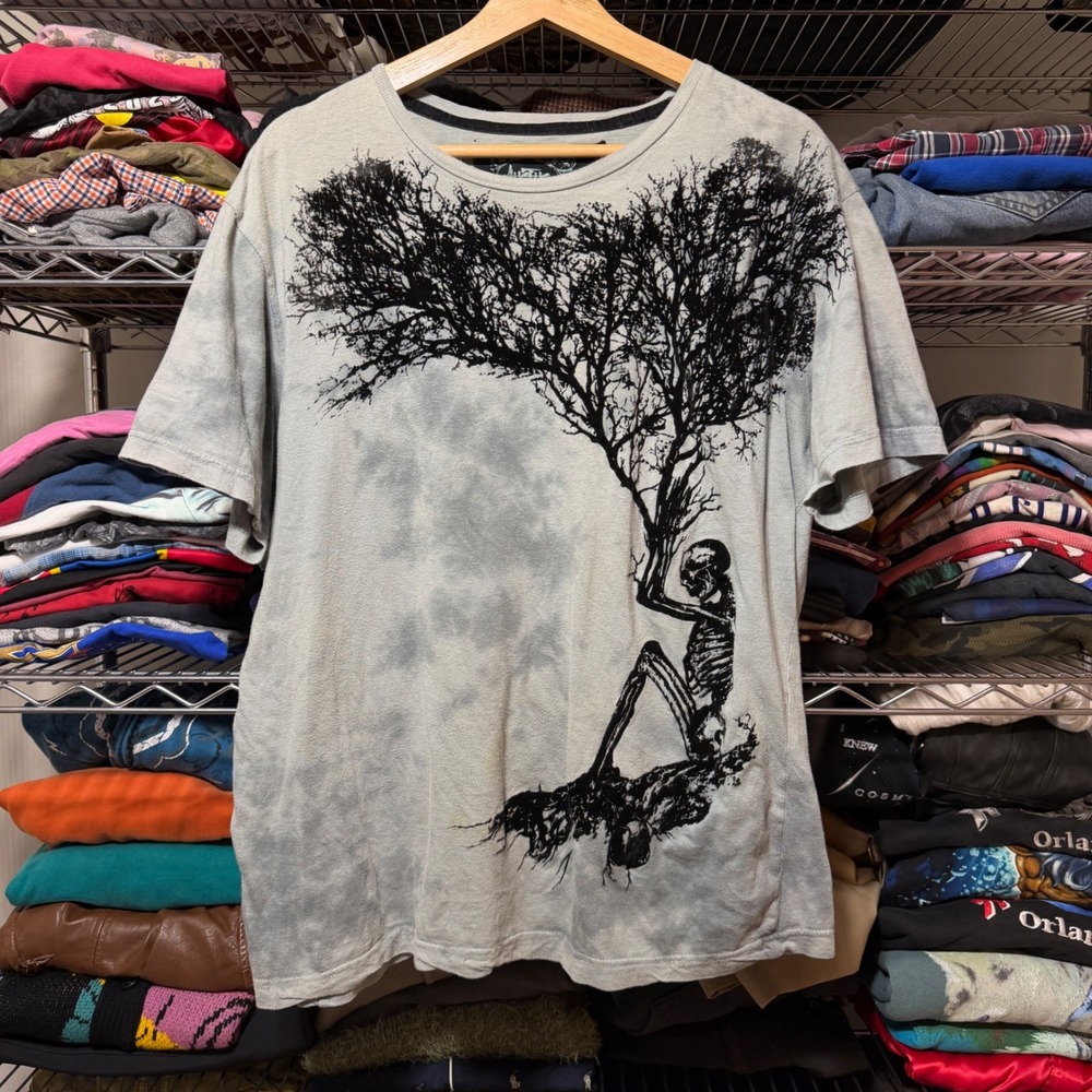 Vintage Y2K Skeleton Skull Grunge T-Shirt Men's XXL Gray Tree Graphic Tie Dye
